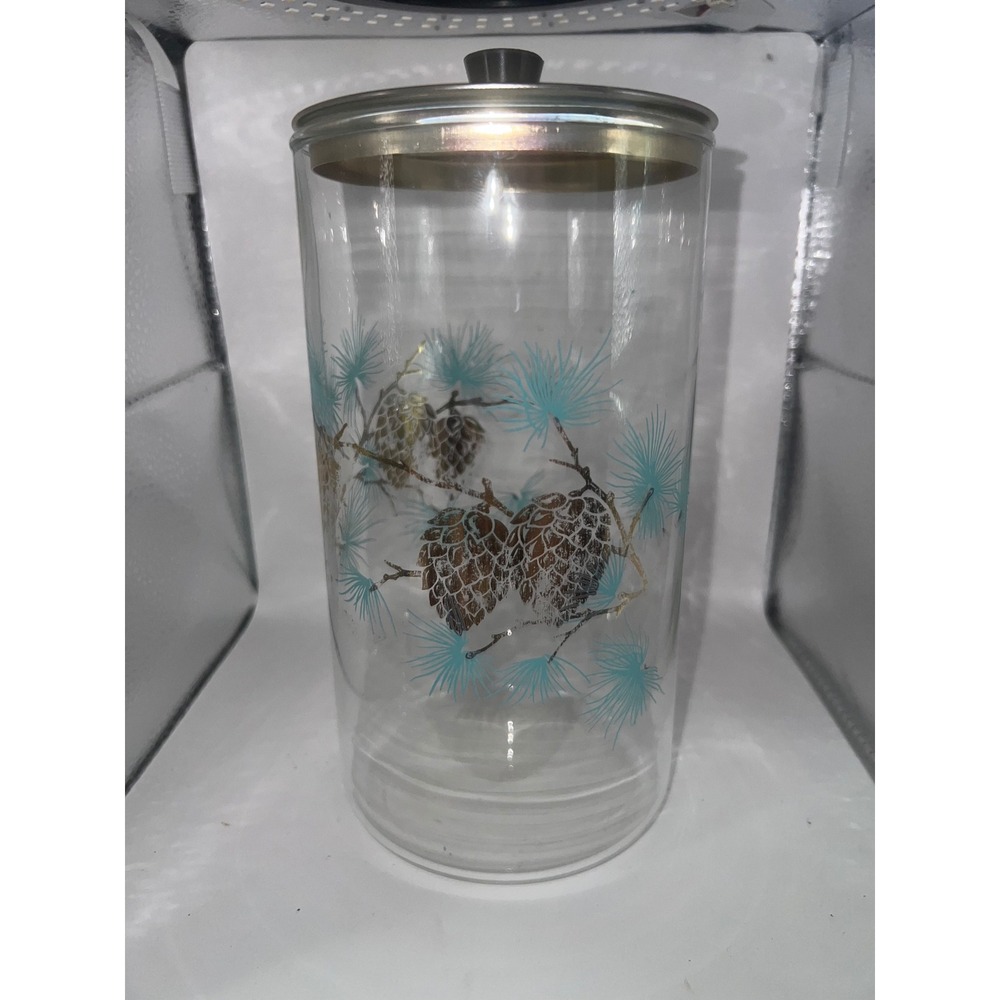 Vtg Mid Century Glass Libbey Canister Teal Pinecone Gold Pine Motif Metallic Lid